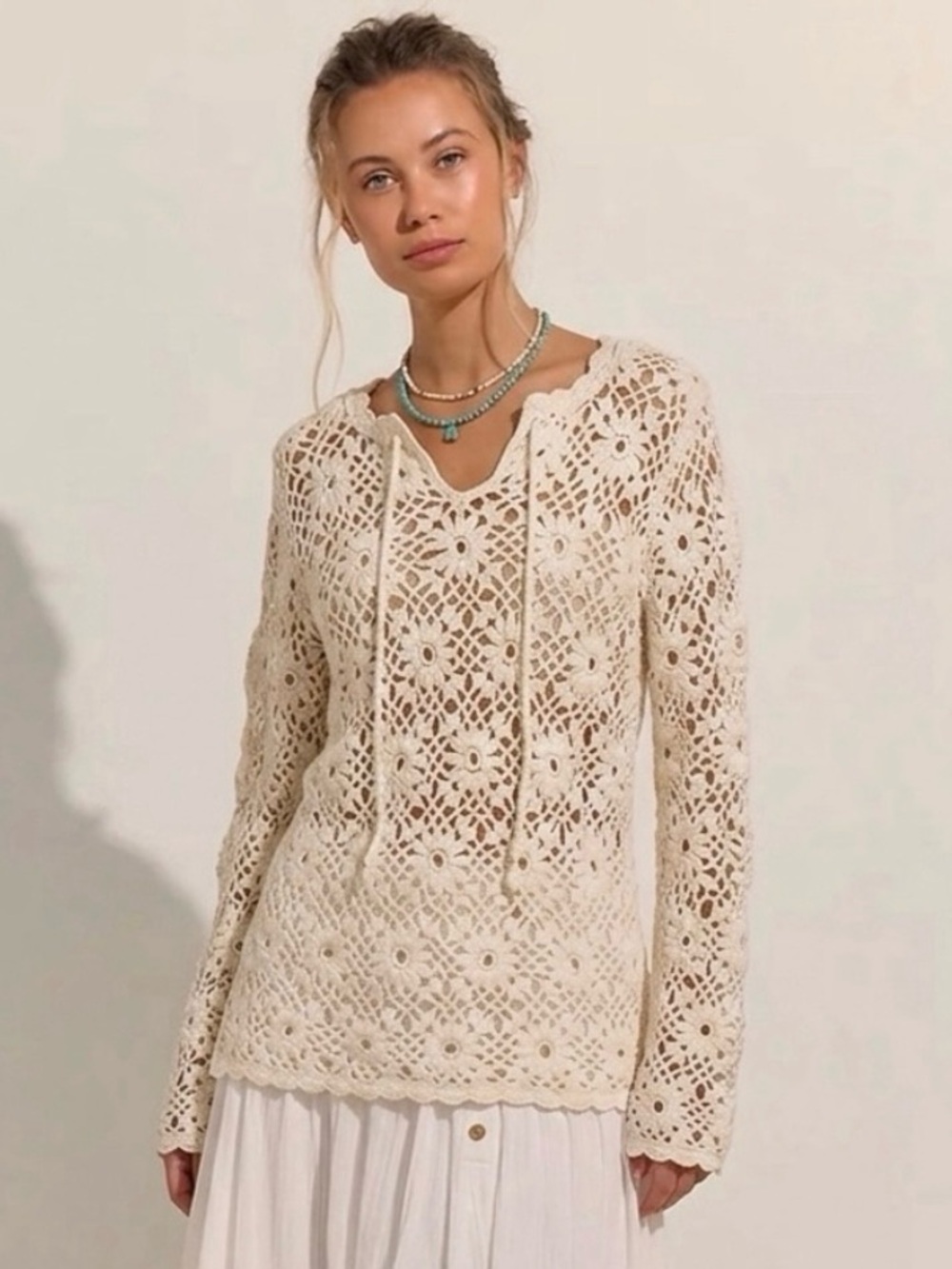 Express Handknit Cream Crochet Floral Wool Blend Sweater Small Grandma Core Boho